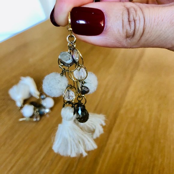 Anthropologie Tassel Pom-Pom Crystal Drop Chandelier Statement Earrings - Picture 4 of 4